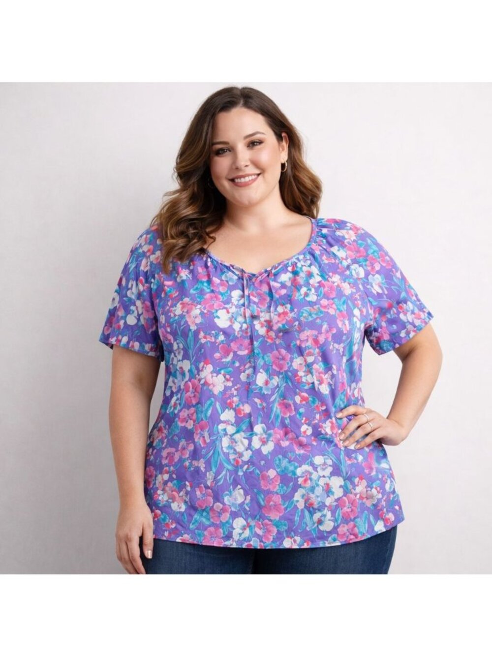 Vibrant Floral Purple Short Sleeve Womens Blouse By Haband For Her Size L Made I